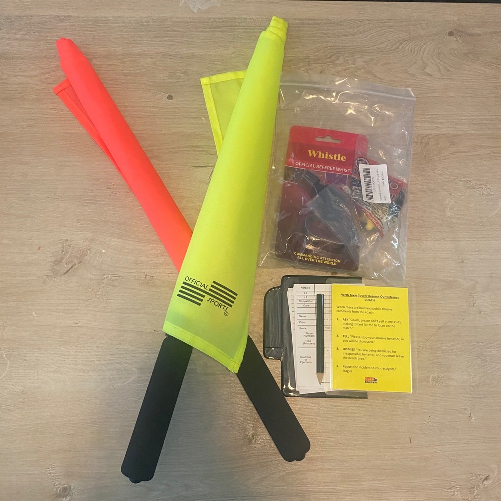 Official Sports Soccer Referee Set Flags Whistle Wallet Scorecards Neon Bundle